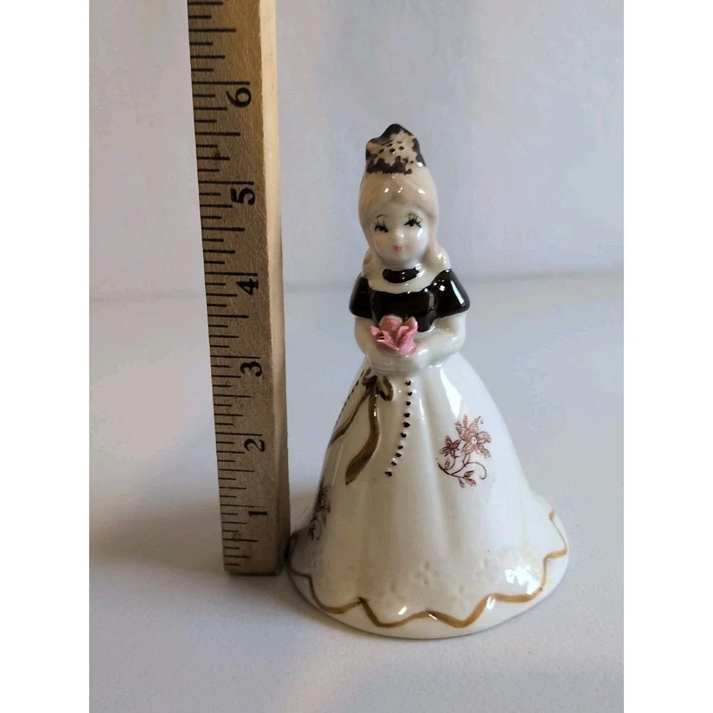 Vintage Brinn's Porcelain Victorian Girl Bell with Pink Rose 5.5
